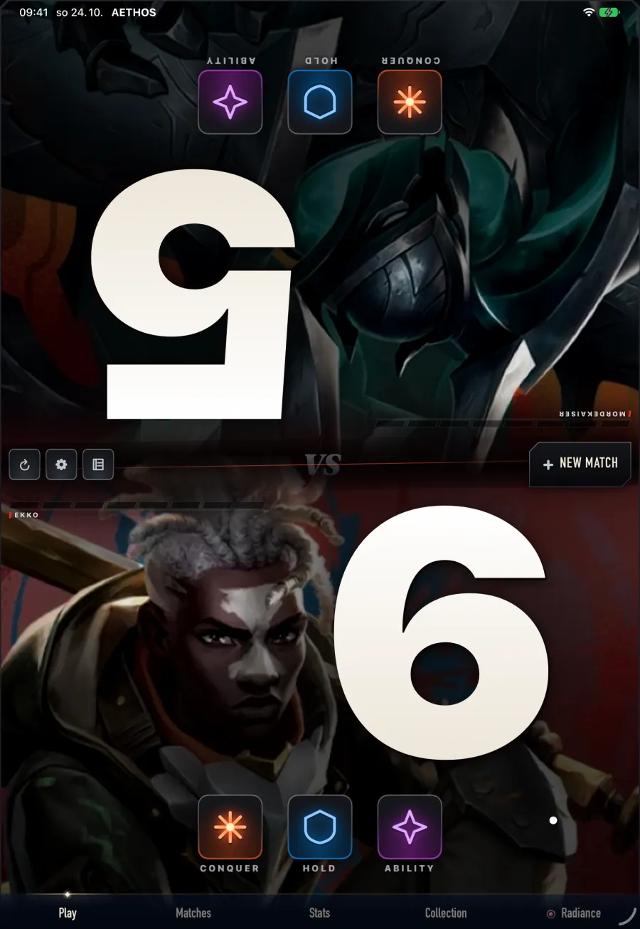 The Aethos score board on iPad at 6 to 5, Ekko against Mordekaiser, with the tabs along the bottom