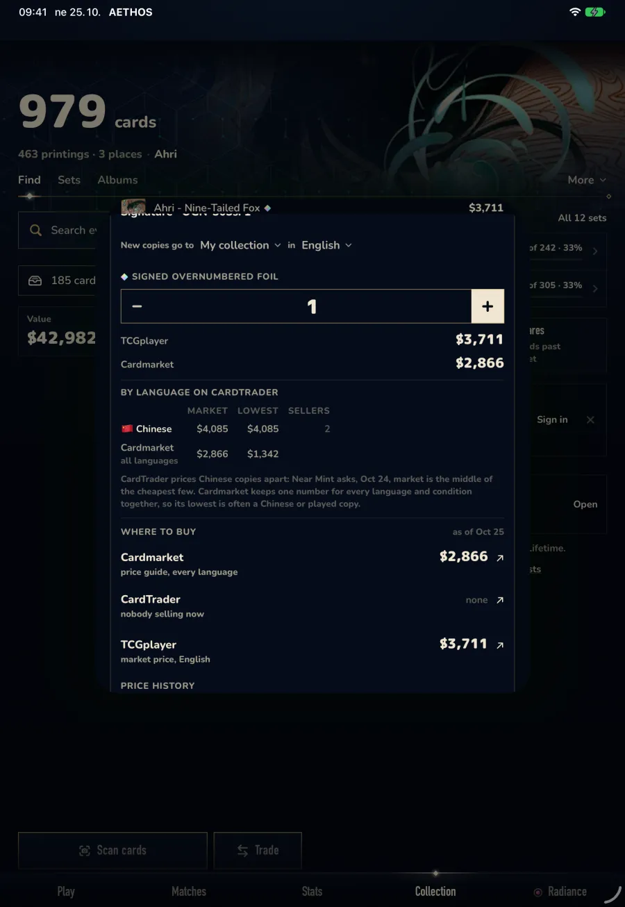 A card sheet in Aethos on iPad: TCGplayer 3,711 dollars and Cardmarket 2,866 dollars, CardTrader prices by language with market, lowest and sellers, and a Where to buy list linking to Cardmarket, CardTrader and TCGplayer