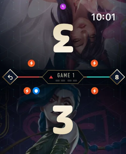 Aethos on Apple Watch: a Riftbound game at 3 to 3 in Game 1, first to 8, the opponent's half upside down, with undo on the left