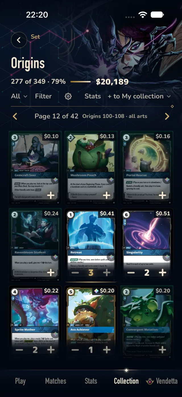 A Riftbound set in binder page order in Aethos, with owned counts and a price on every card