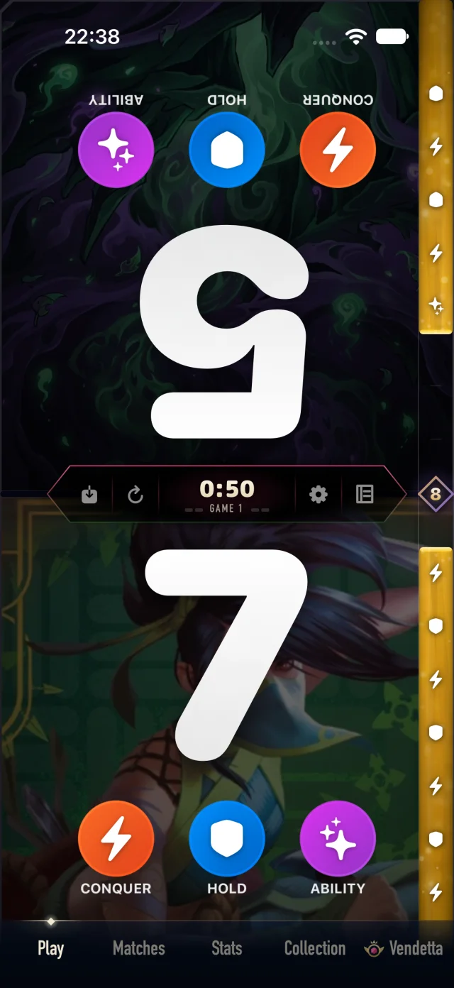 The Aethos Riftbound board at 5 to 7: Conquer, Hold and Ability buttons on each half, the opponent's half upside down, the timer and the Victory Score of 8 at the right edge