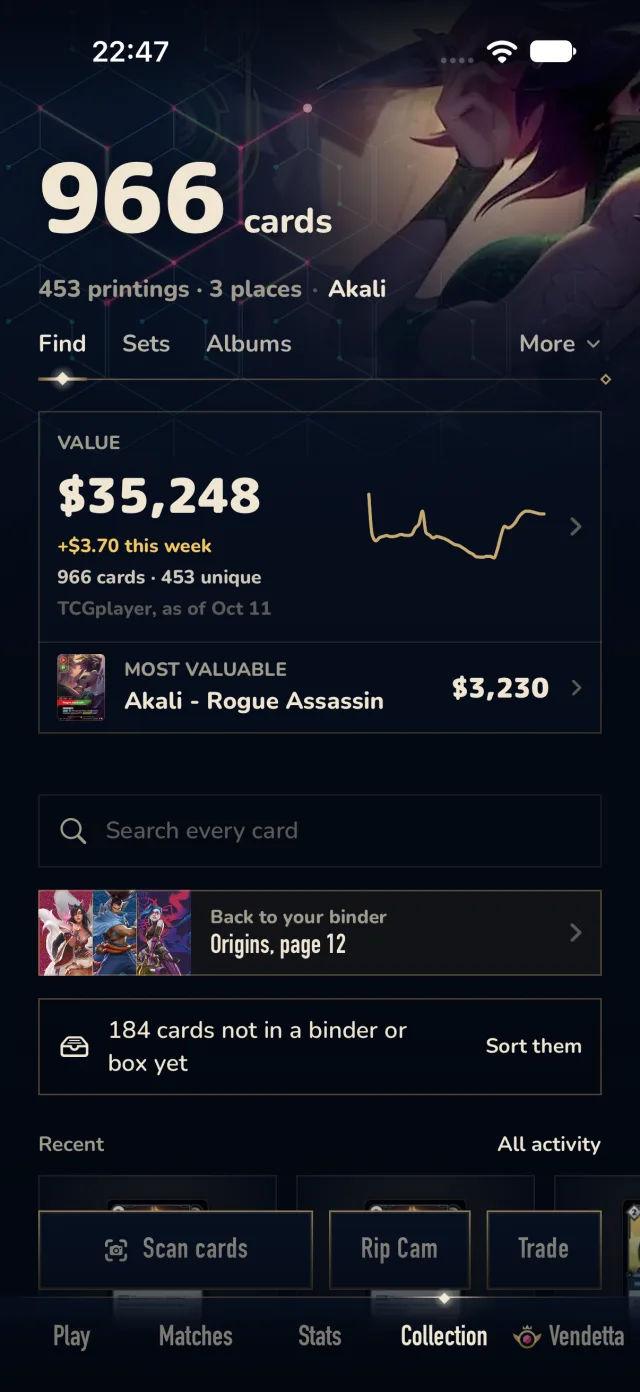 Aethos collection home: 966 cards in 3 places, with its value from TCGplayer and the most valuable card