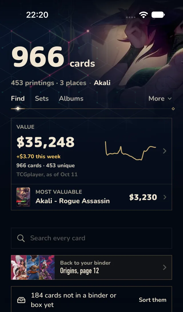 Aethos collection home on iPhone: 966 cards worth 35,248 dollars by TCGplayer prices, with the most valuable card