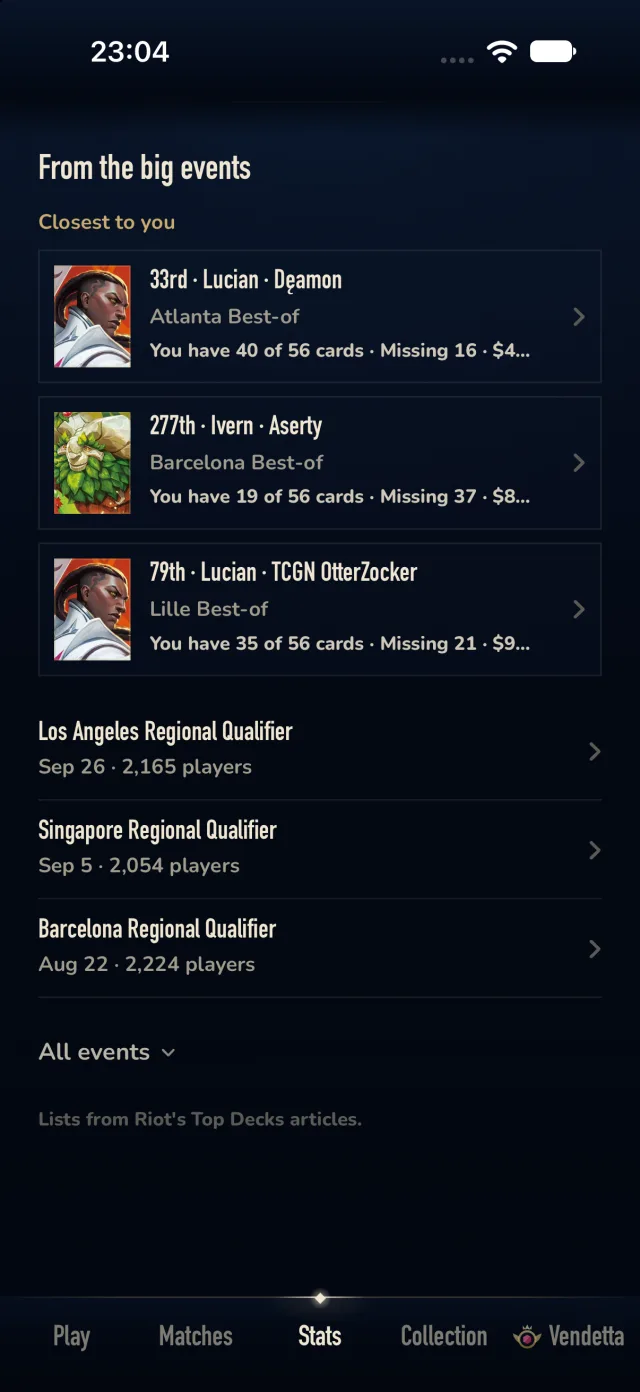 Decklists from Riftbound Regional Qualifiers in Aethos, each showing how many of the cards you own