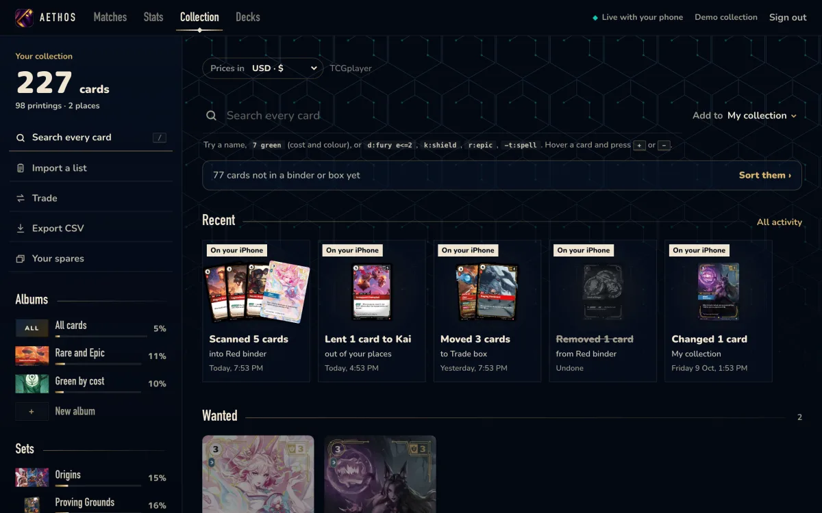 The Aethos collection in a browser: 227 cards, 98 printings in 2 places, 77 cards not in a binder or box yet, and recent activity from the phone: Scanned 5 cards into Red binder, Lent 1 card to Kai, Moved 3 cards to Trade box, a removal that was undone