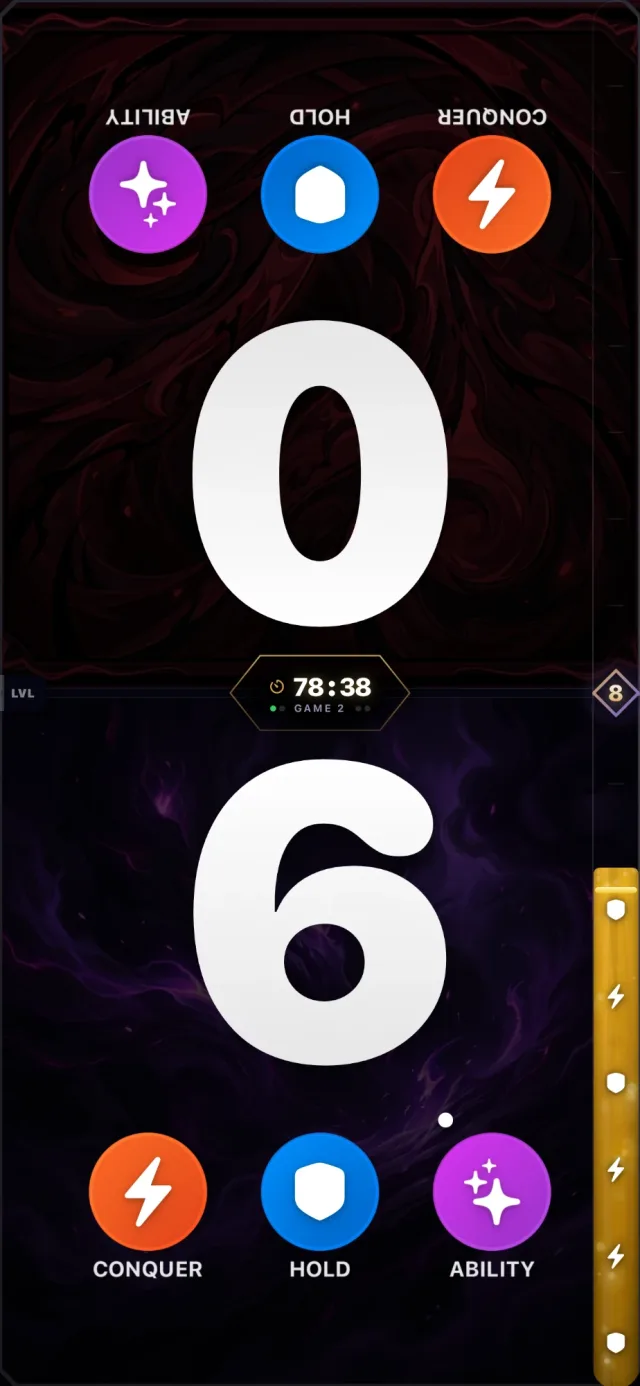 The Aethos Riftbound scoreboard, split so both players read their own half