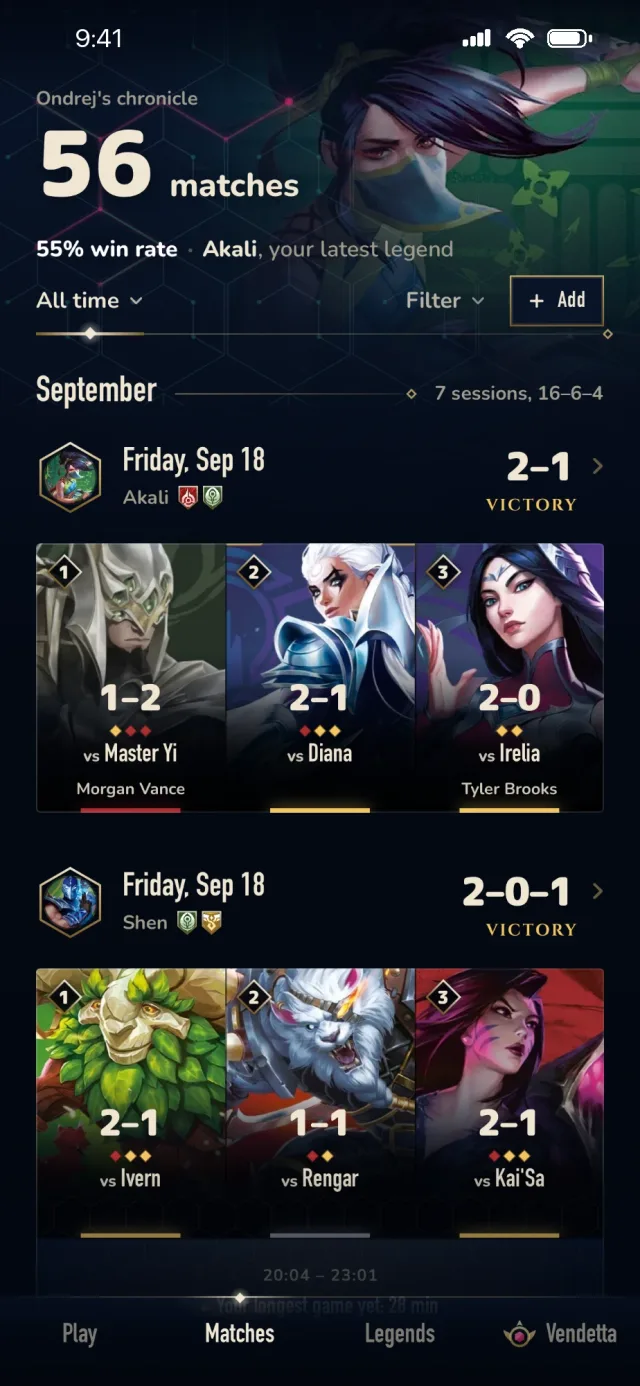 Aethos Riftbound match history, grouped by session