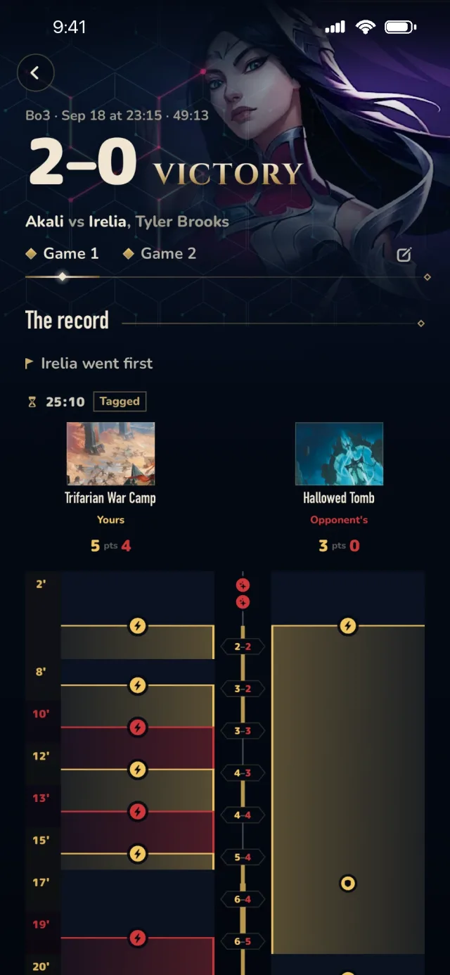 A Bo3 Riftbound match in Aethos, every point in the order it was scored
